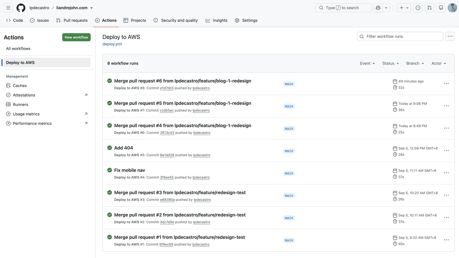 The GitHub Actions tab showing the 'Deploy to AWS' workflow (deploy.yml) with a list of successful runs triggered by pushes to the main branch, each finishing in roughly 25 to 40 seconds.