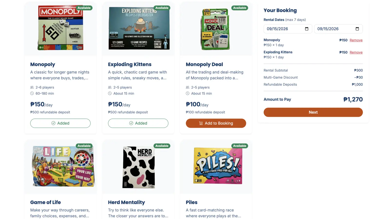 The Unboxed booking page: a grid of available games next to a booking summary showing rental dates, per-game pricing, the multi-game discount, refundable deposits, and the total amount to pay.