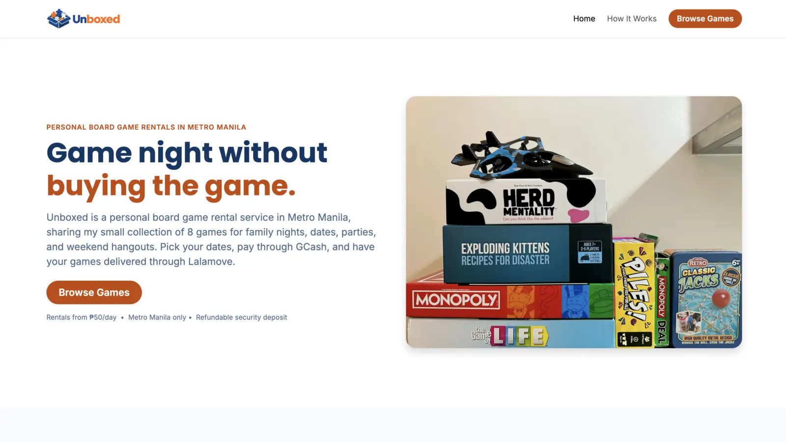 The Unboxed homepage: a headline over a photo of the 8 rentable board games stacked together, with GCash and Lalamove rental details below.
