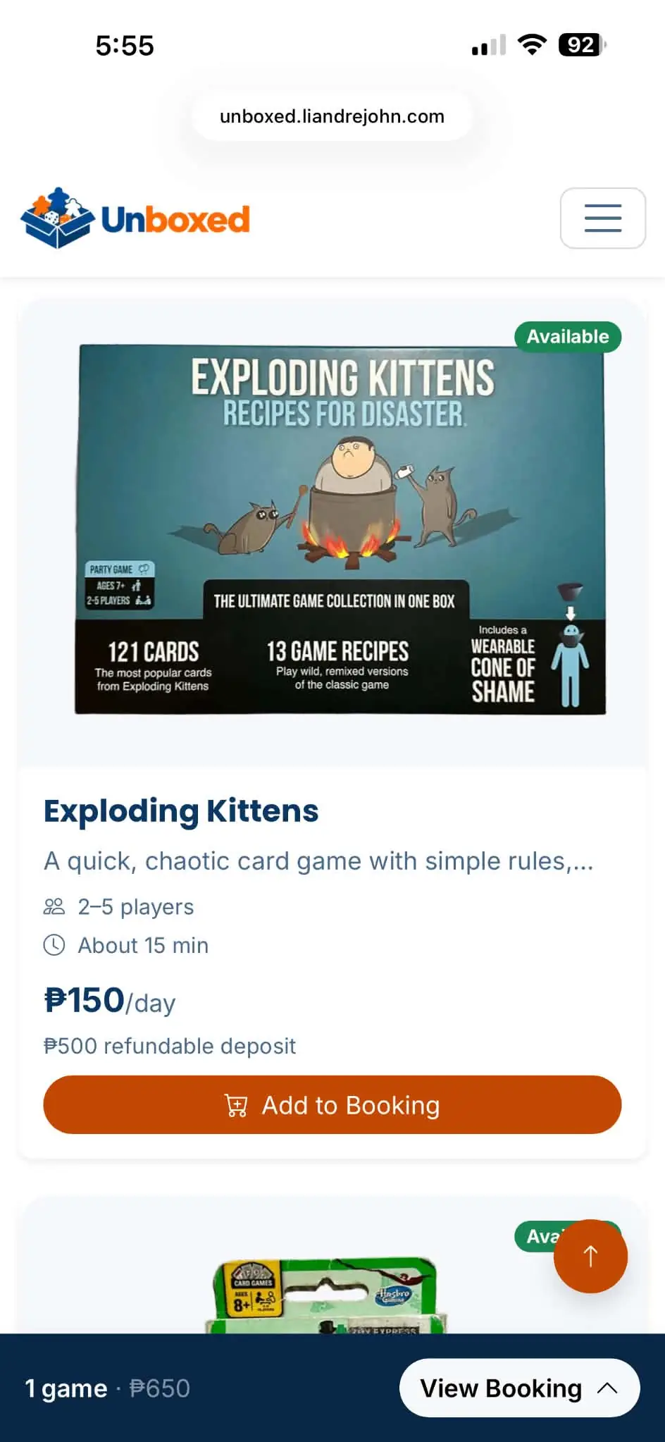 The Unboxed games page on mobile, showing the game grid with a sticky booking summary pinned to the bottom of the screen.